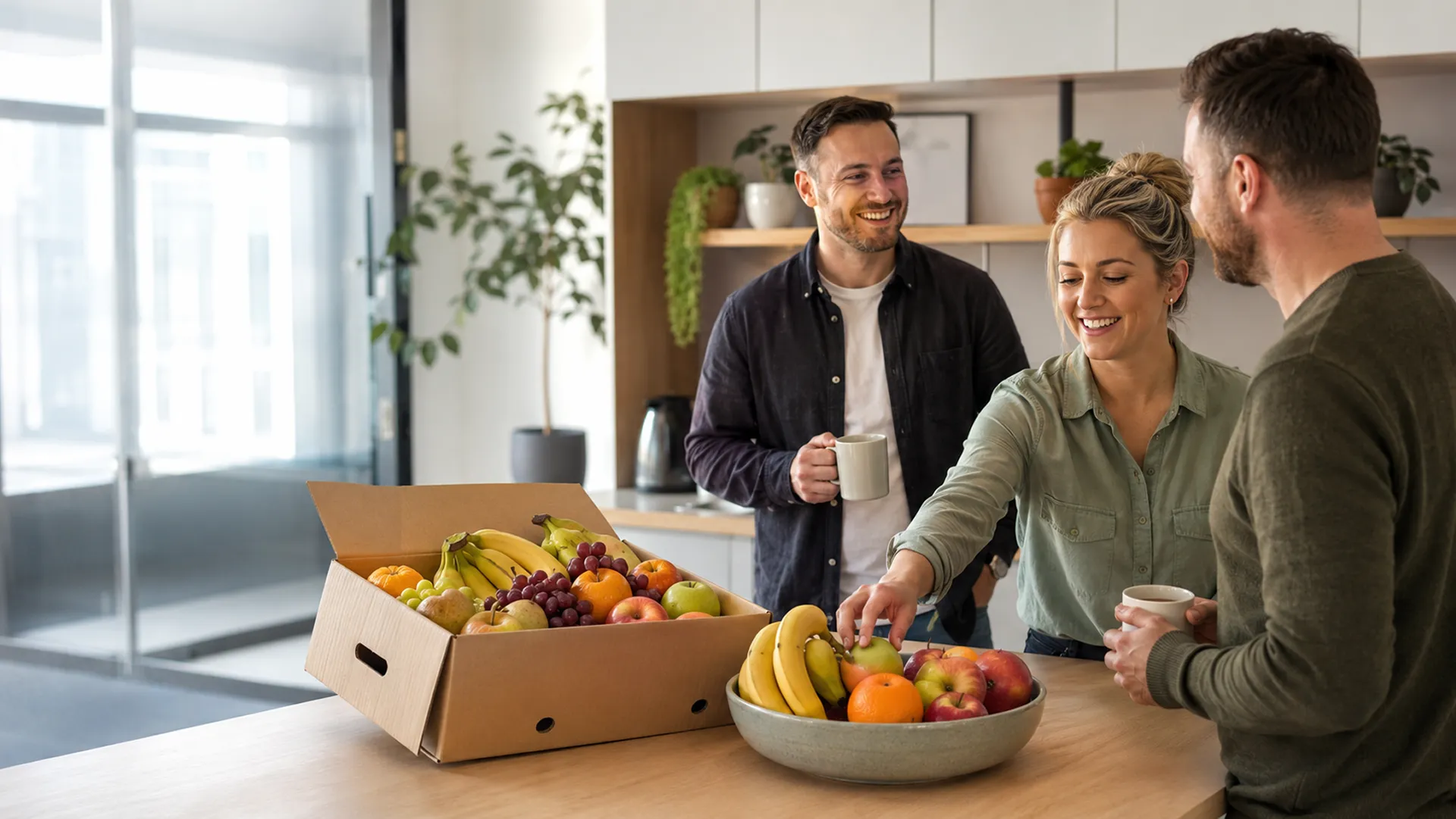 Colleagues sharing a box of fresh fruit in an office kitchen