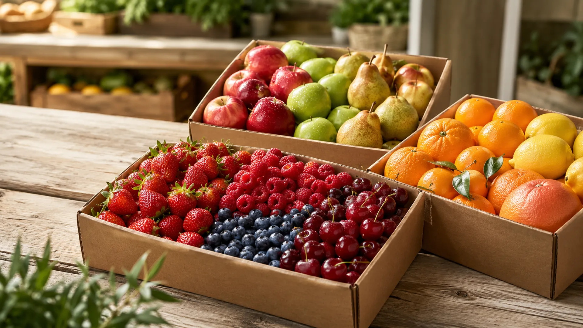 Crates of fresh strawberries, apples, pears, and citrus
