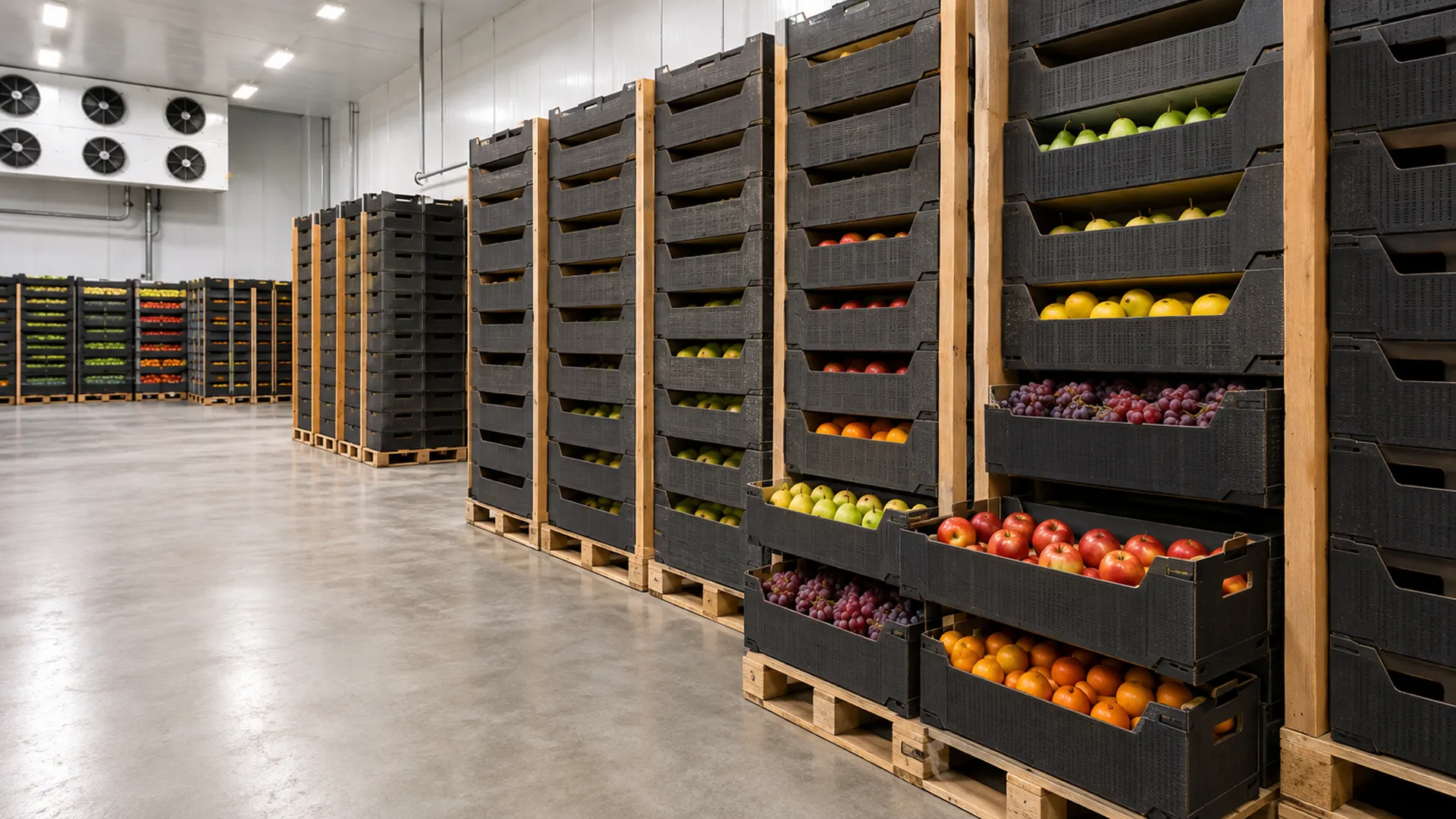 Rows of crated fresh produce stocked in a refrigerated warehouse