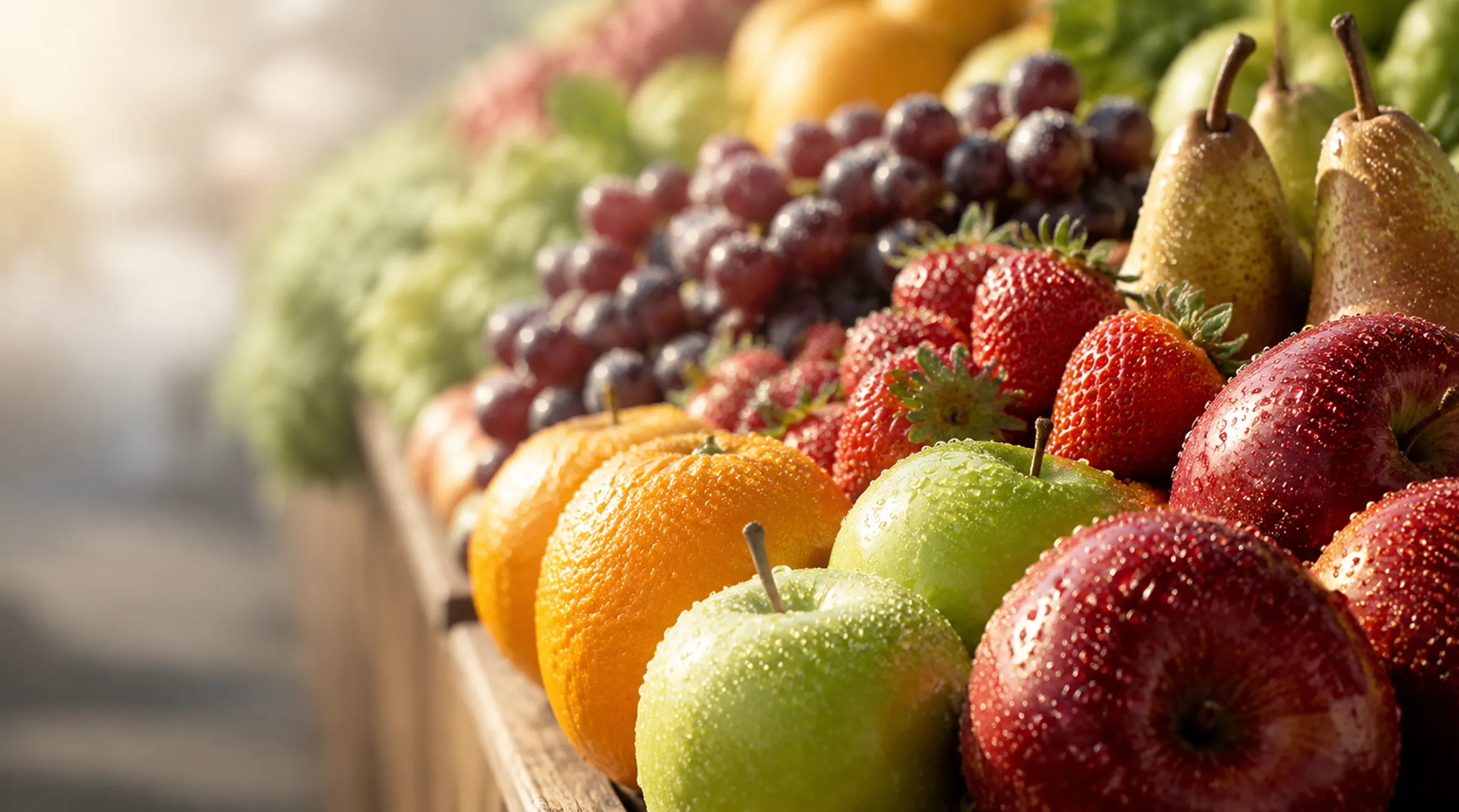 Fresh apples, oranges, grapes, strawberries and pears arranged in crates