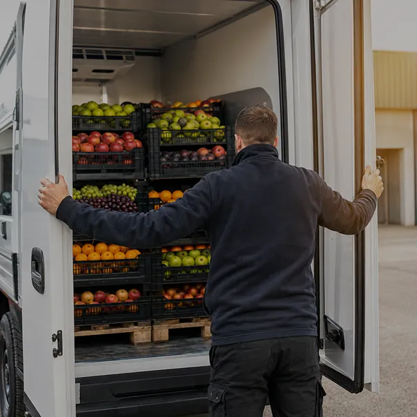 Driver loading crates of fresh produce into a refrigerated van