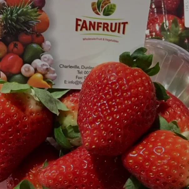 Fresh strawberries beside a Fanfruit produce delivery box